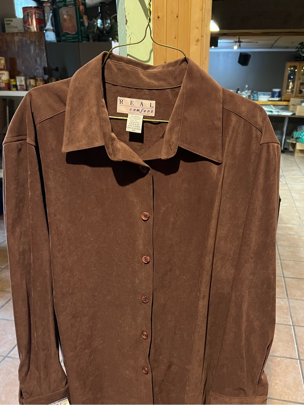 Men's Brown Suede-Look Button Down Shirt